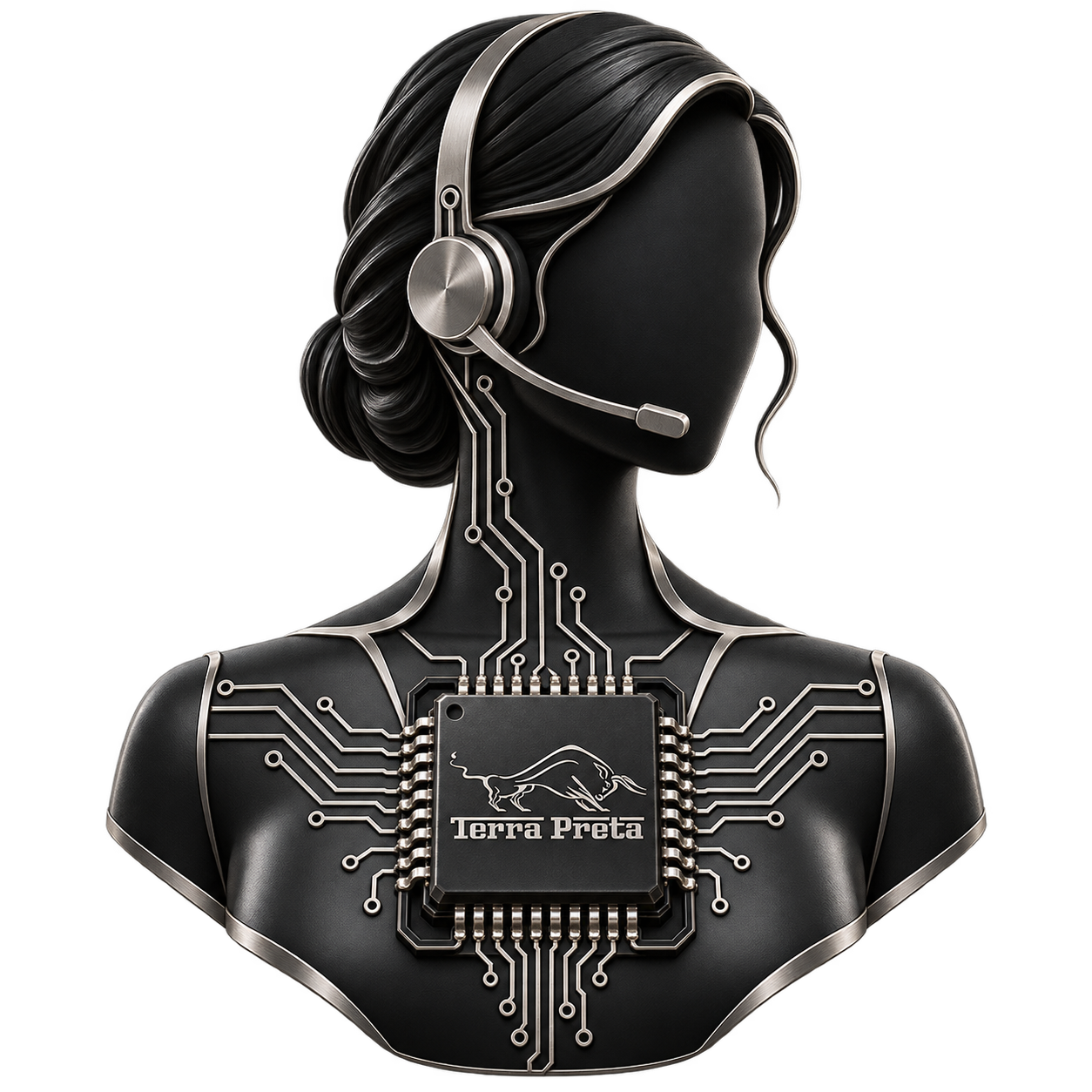 Silhueta de atendente em preto e prata, com headset e chip Terra Preta conectado por circuitos