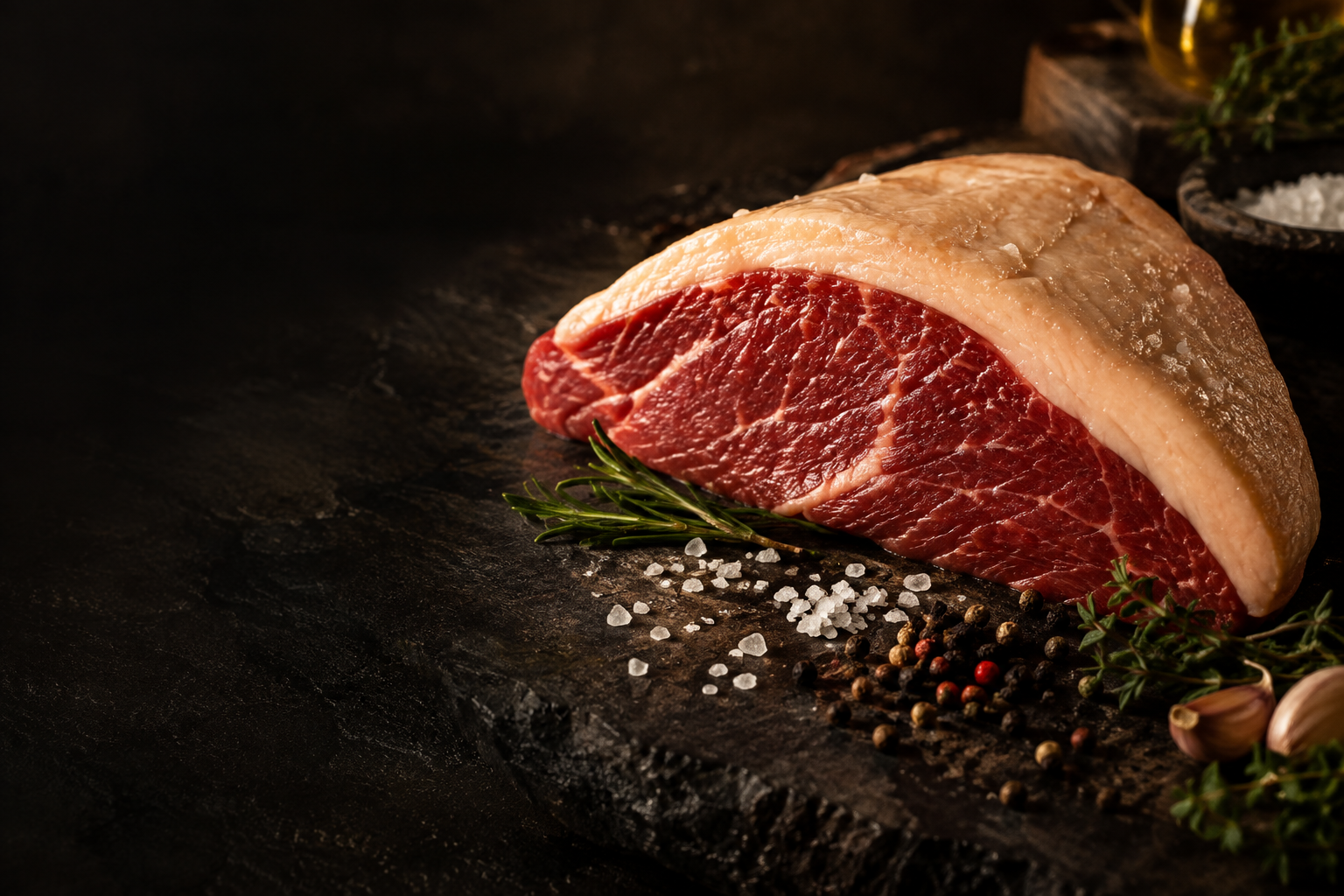 Composição ilustrativa de picanha, sal e ervas sobre pedra escura